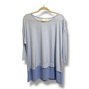 Chicos Striped Tunic Top Blue White Layered Hem 3/4 Sleeve Size 2 Large 12